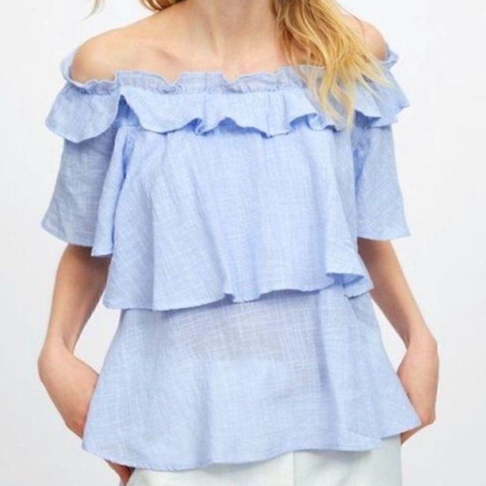 Zara Premium Chambray Strapless Ruffle Top Size XS‎